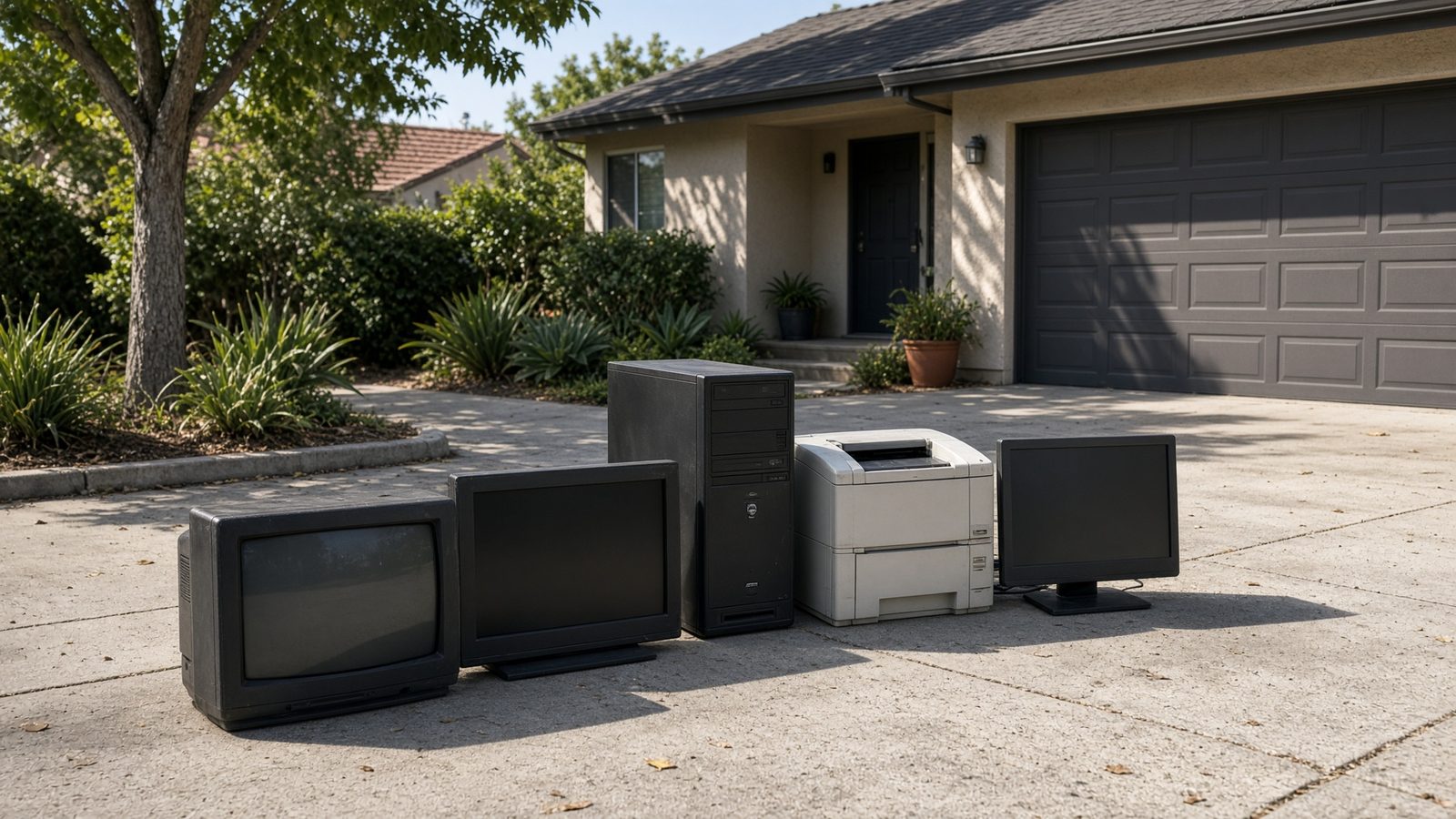 TVs, a computer, and a printer staged for e-waste hauling in San Diego