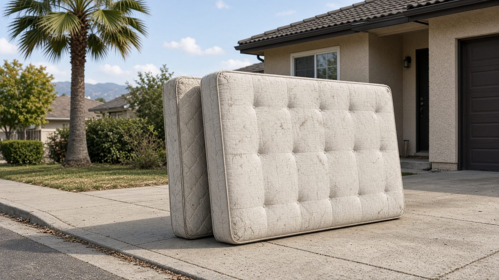 Queen mattress and box spring at the curb of a San Diego home